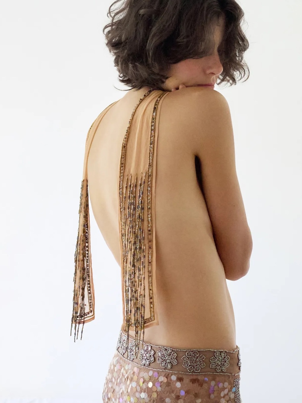 Zara Beaded Tassel Neck Scarf in Nude and Gold